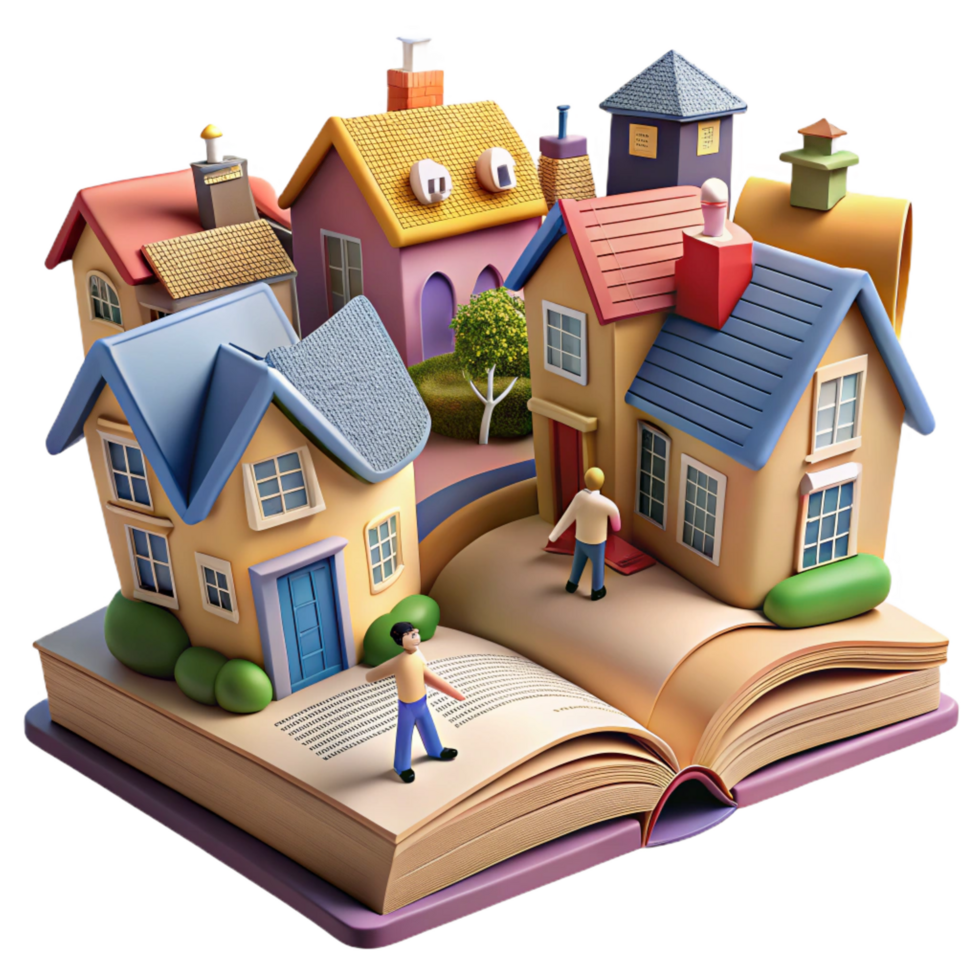 A book with a model of a house and people on it png