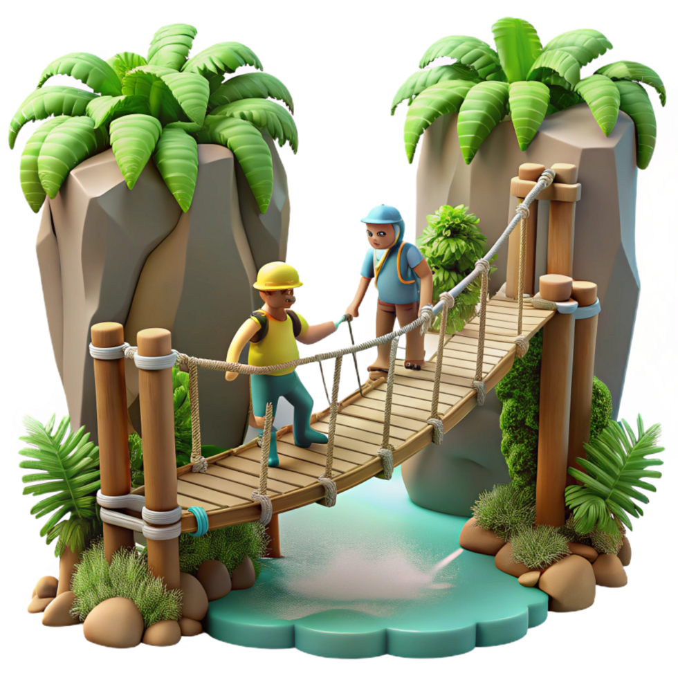 3D Illustration Hikers on Rope Bridge png