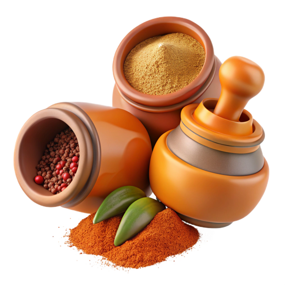impressive rustic impressive contemporary 3D Illustration Spices in Clay Pots detailed exclusive png