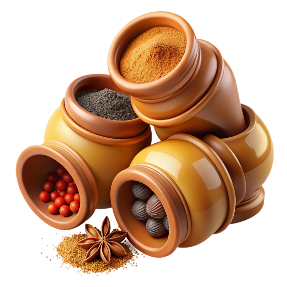 extraordinary classic impressive traditional 3D Render Spices in Pots high resolution original png