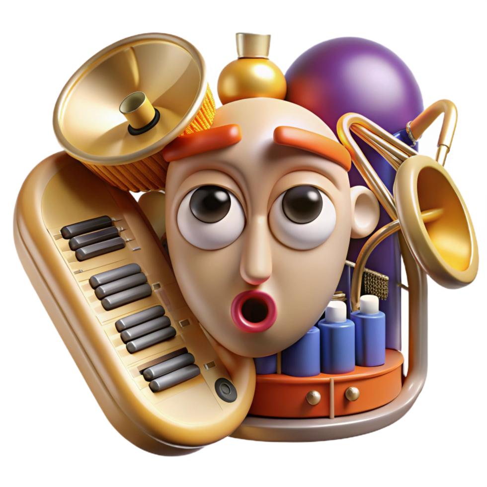 extraordinary artistic dramatic abstract 3D Cartoon Character with Musical Instruments high quality high quality png