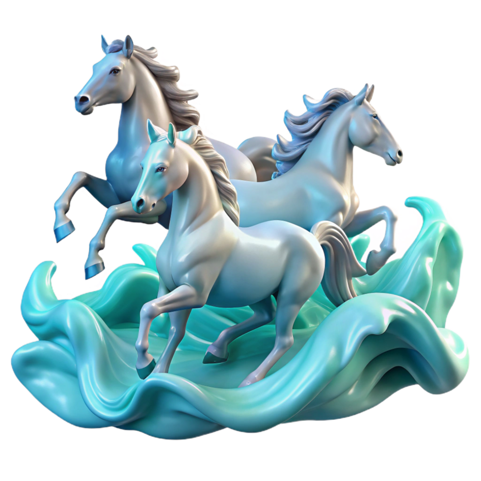 extraordinary artistic dramatic minimalist Three Horses 3D Render Ocean Waves exclusive high quality png