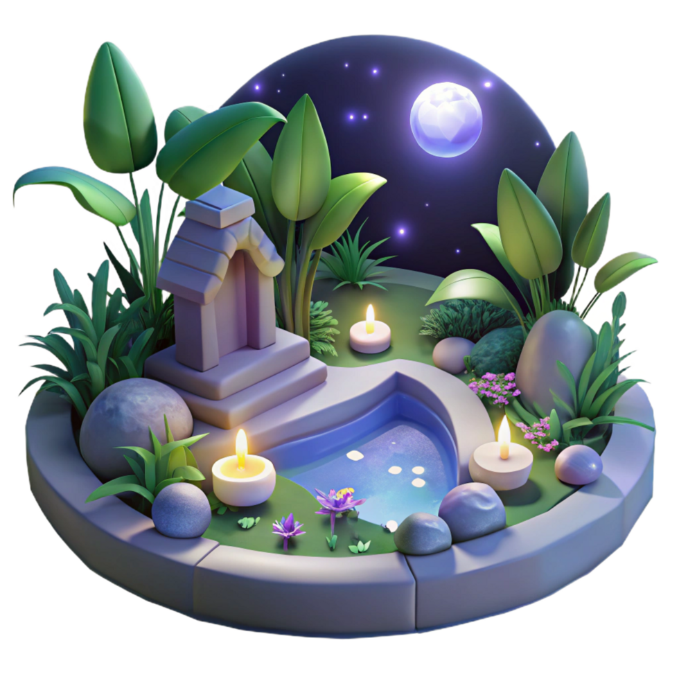 serene rustic serene minimalist Serene 3D Night Garden Illustration high quality detailed png