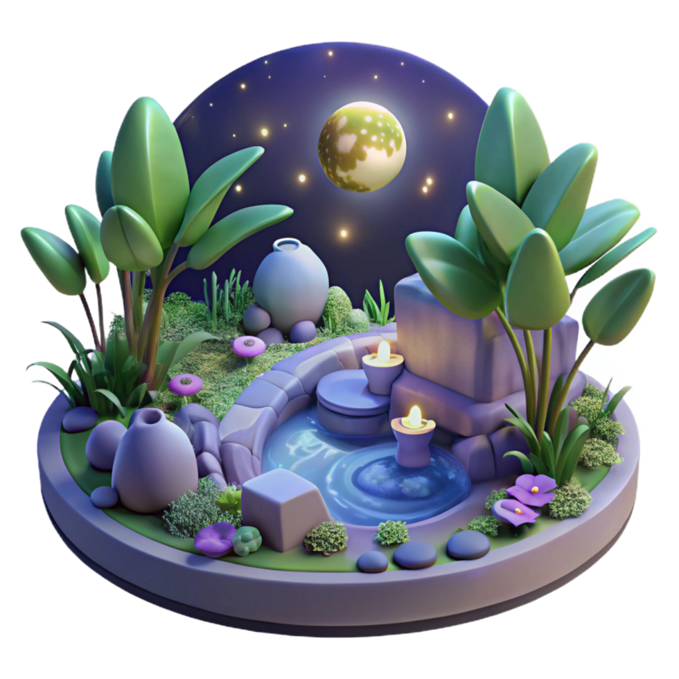 extraordinary creative vibrant creative Serene Moonlit Garden 3D Illustration detailed exclusive png