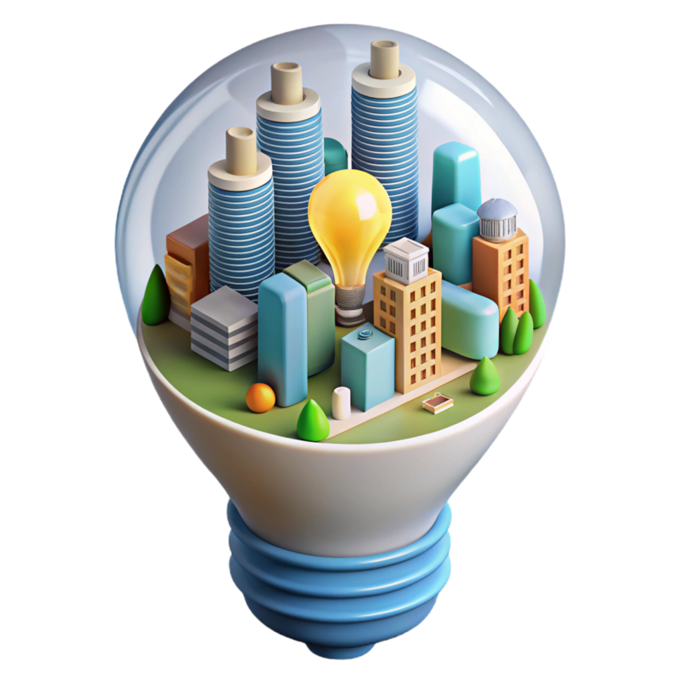 beautiful rustic serene contemporary 3D Cityscape Inside Lightbulb Illustration high quality premium png