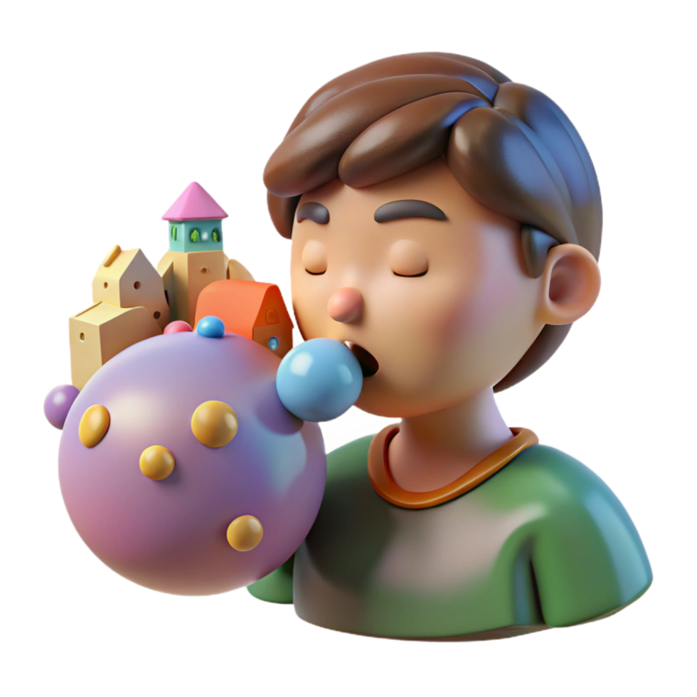 wonderful traditional magnificent traditional 3D Render Boy Blowing Miniature Town Bubble 4K genuine png