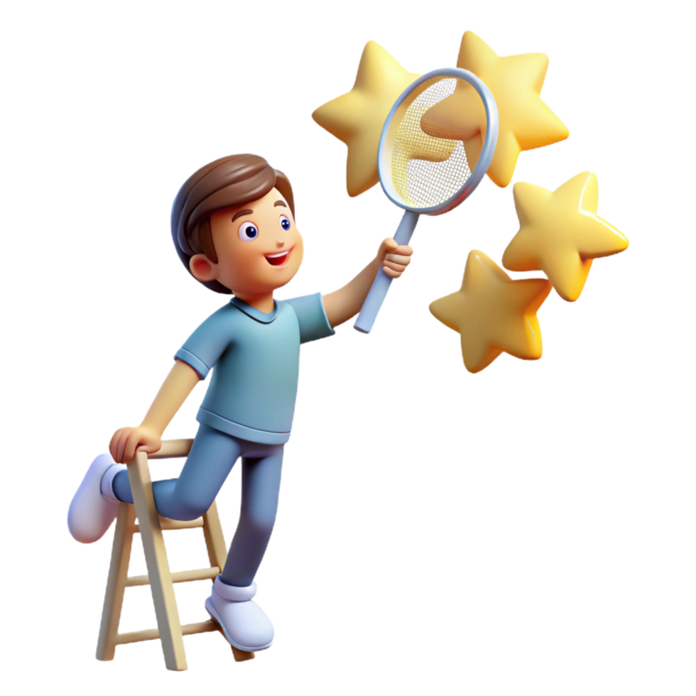 dramatic creative elegant rustic 3D Cartoon Boy Reaching for Stars premium authentic png