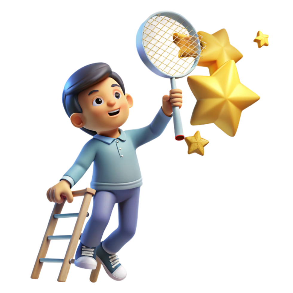 serene creative elegant minimalist 3D Cartoon Boy Catching Stars with Net detailed professional png