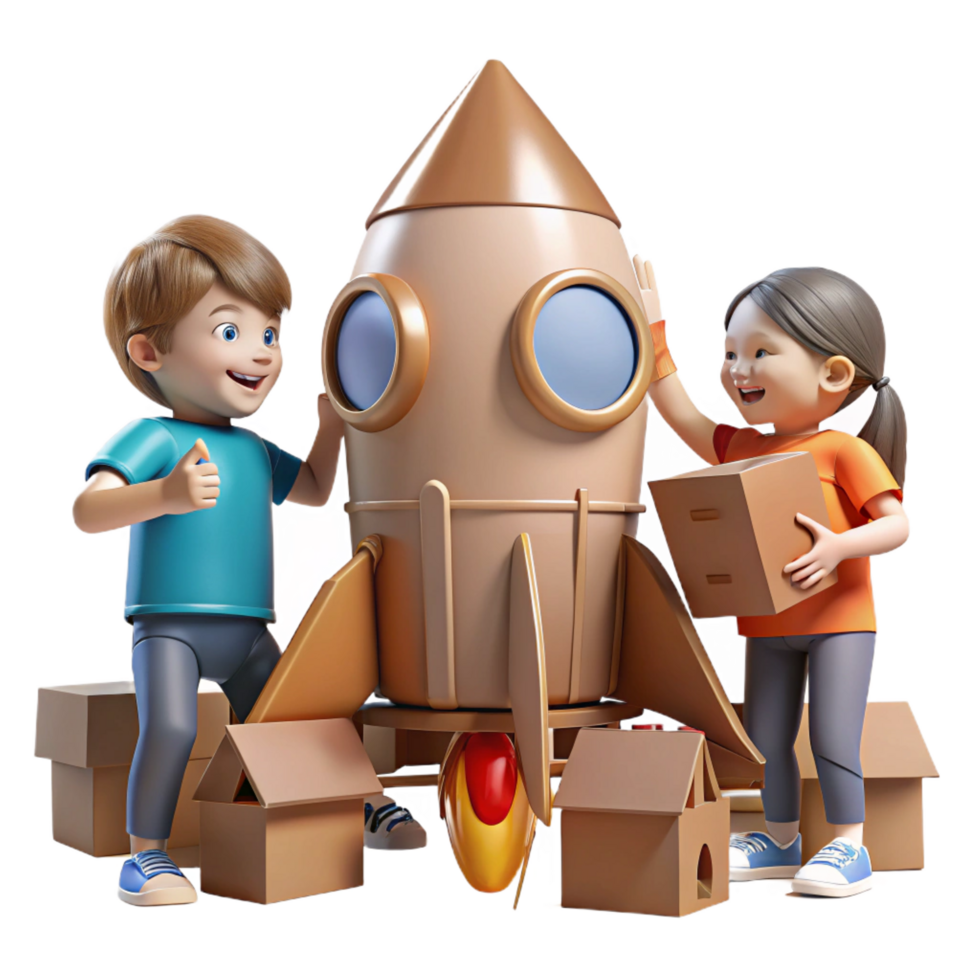 magnificent contemporary stunning rustic Kids and Cardboard Rocket 3D Illustration detailed premium png