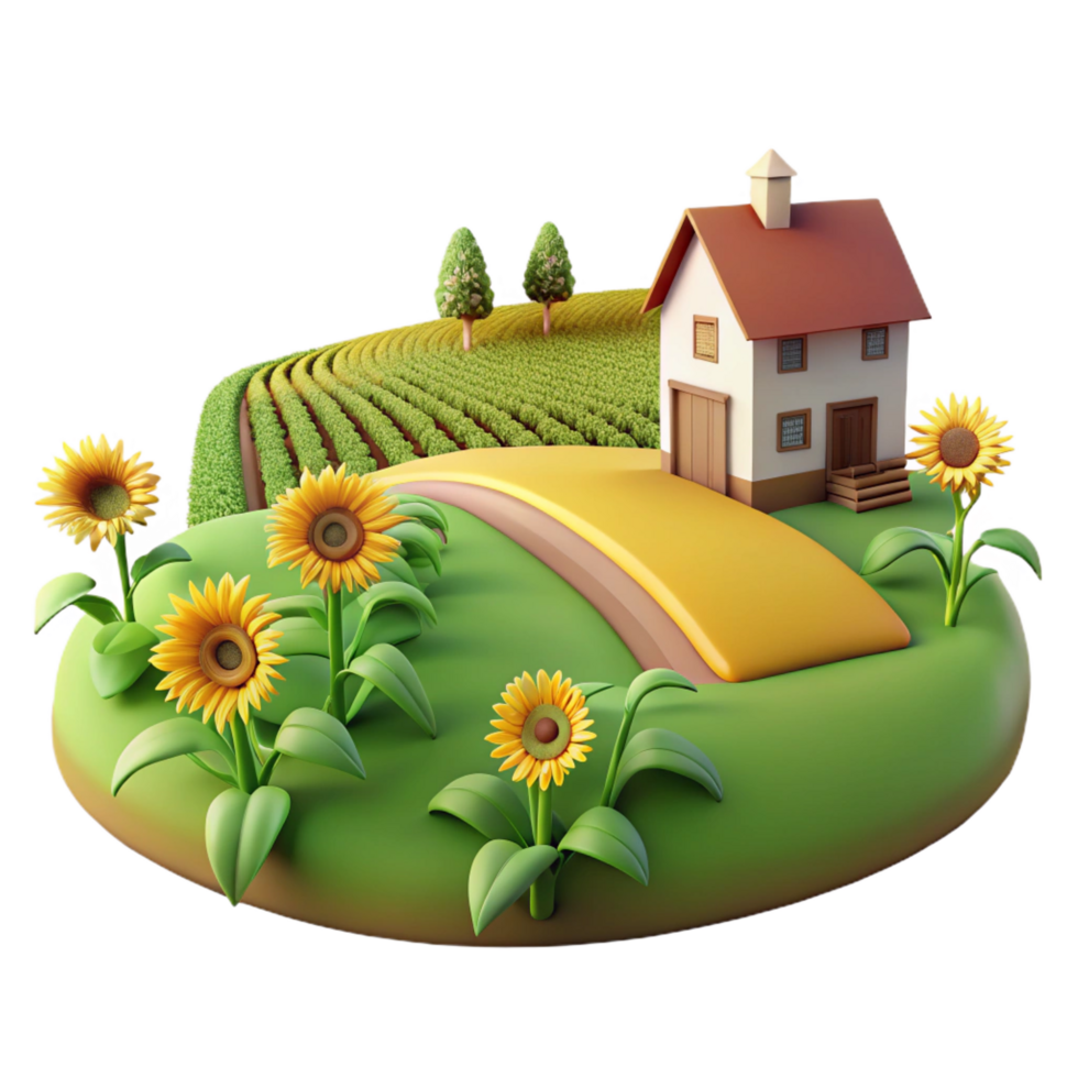 impressive modern stunning traditional Farmhouse 3D Illustration Sunflowers Field high resolution high quality png
