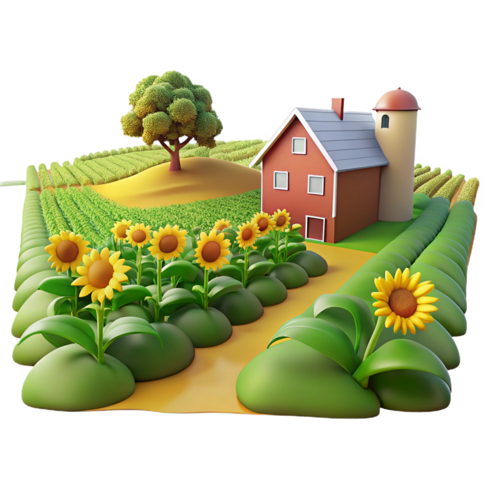 Farmland 3D Illustration Sunflowers, Farmhouse, and Fields png