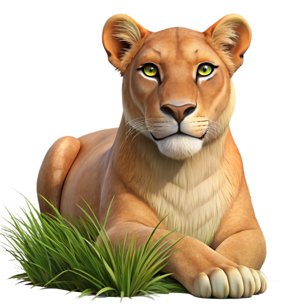 beautiful contemporary beautiful classic Lioness in Grass 3D Render detailed high quality png