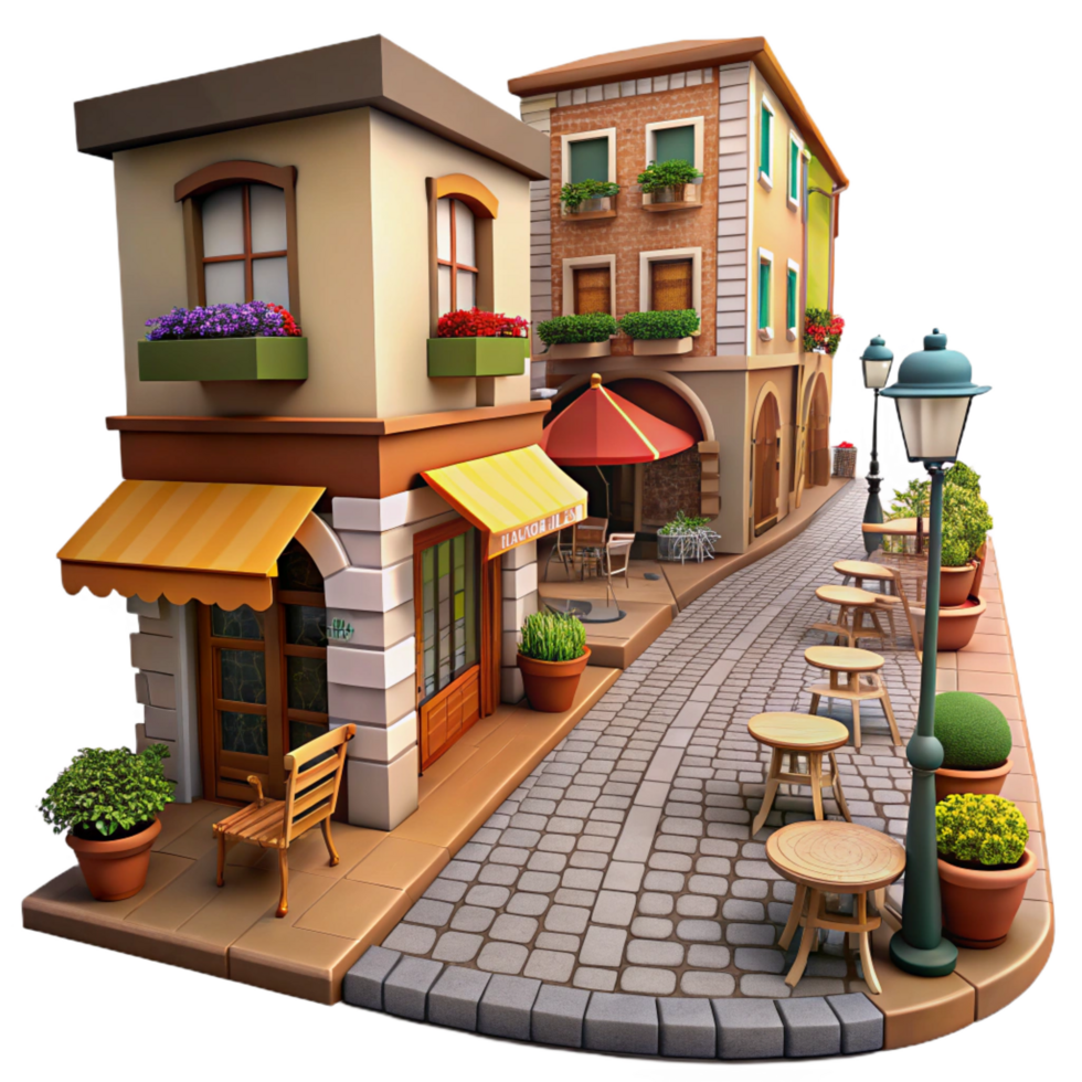 extraordinary vintage beautiful rustic Charming 3D Cartoon Street Cafe Illustration genuine professional png
