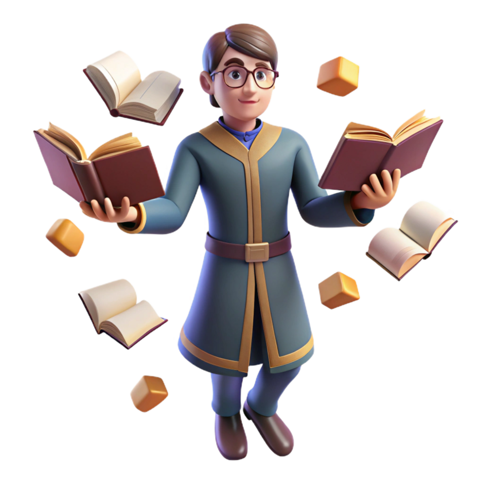 beautiful creative extraordinary contemporary 3D Illustration Wizard Juggling Books exclusive 4K png