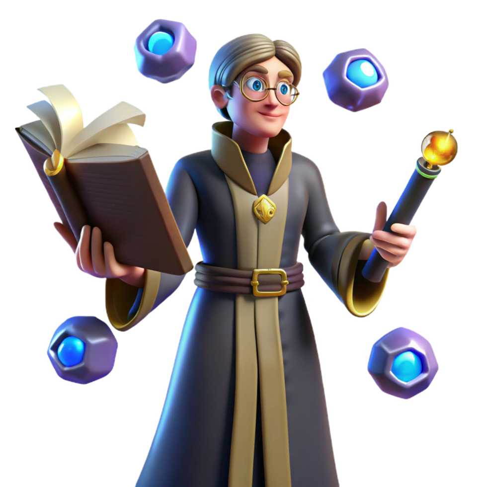stunning creative beautiful modern 3D Cartoon Wizard with Book and Wand premium high resolution png