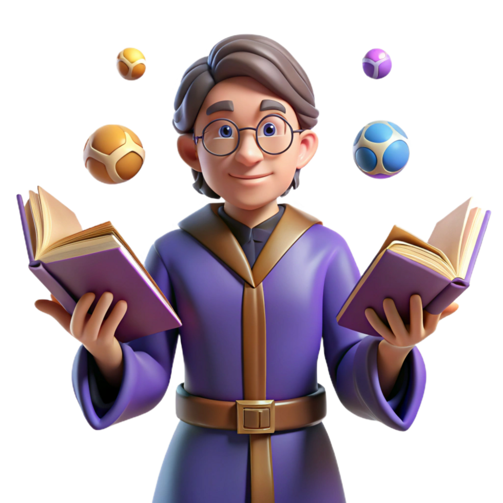 3D Illustration Wise Wizard with Books and Magic Orbs png