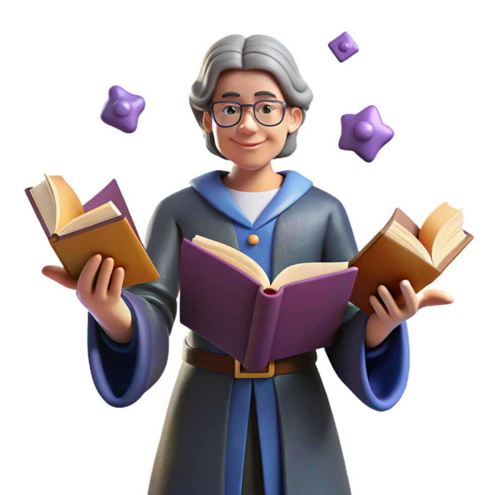 extraordinary modern stunning minimalist Wise 3D Render of a Wizard with Books authentic exclusive png