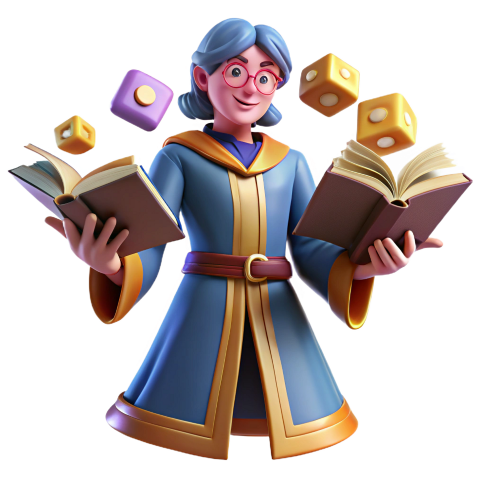 elegant contemporary serene classic 3D Illustration Wizard with Books and Dice genuine high resolution png