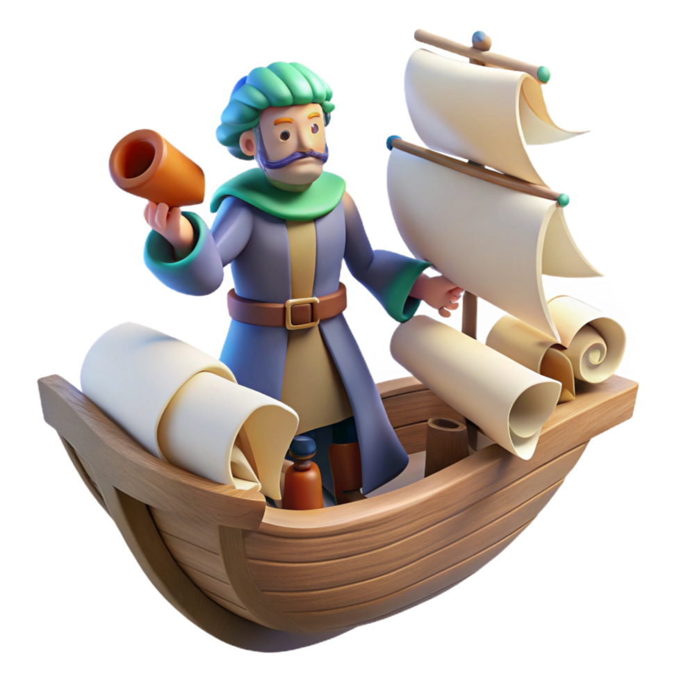 3D Illustration Cartoon Sailor on Wooden Ship png