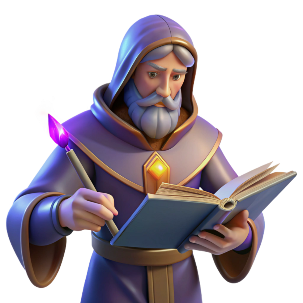 impressive rustic stunning modern Wizard Reading Book 3D Illustration professional original png