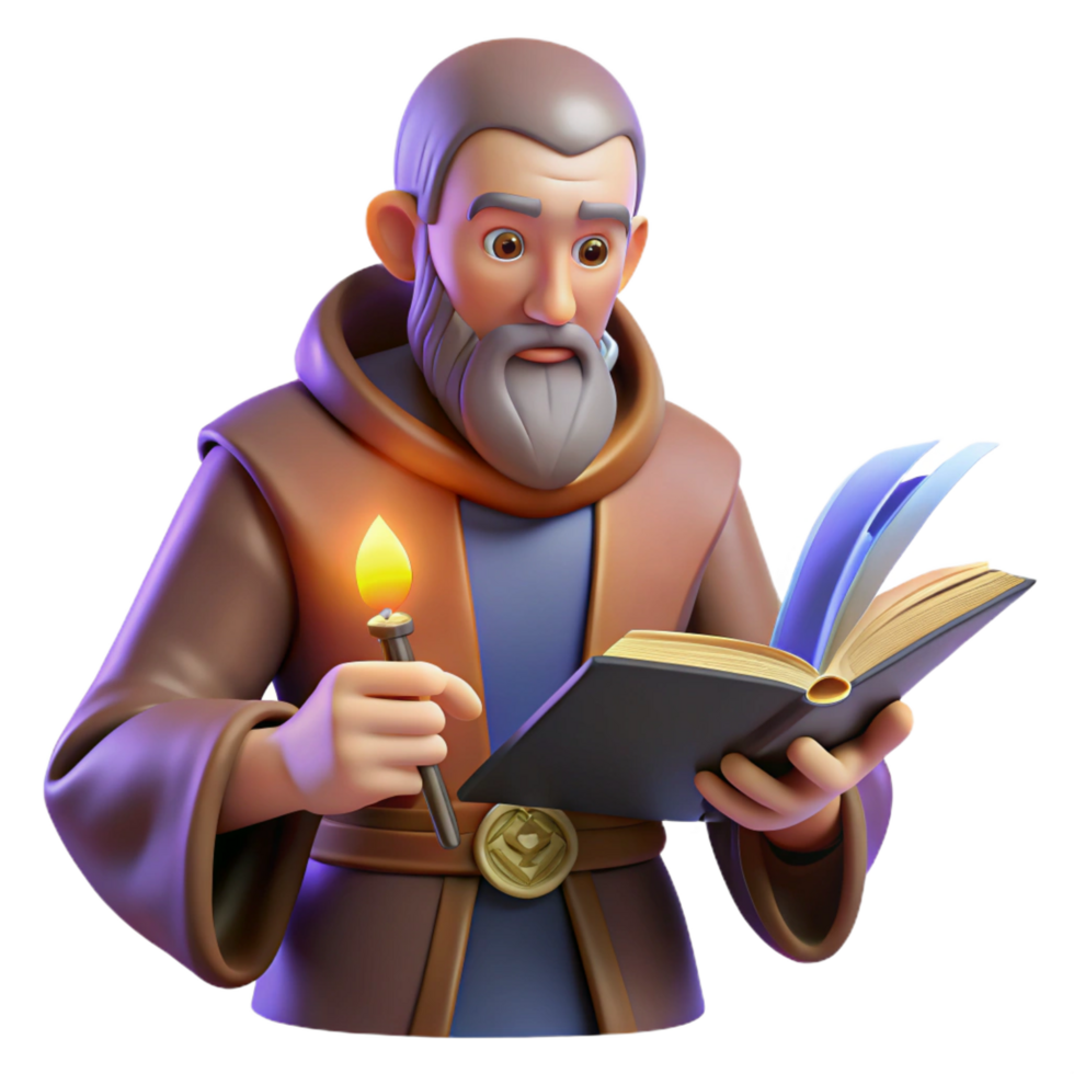 impressive abstract elegant rustic 3D Monk Reading Ancient Book Illustration detailed genuine png