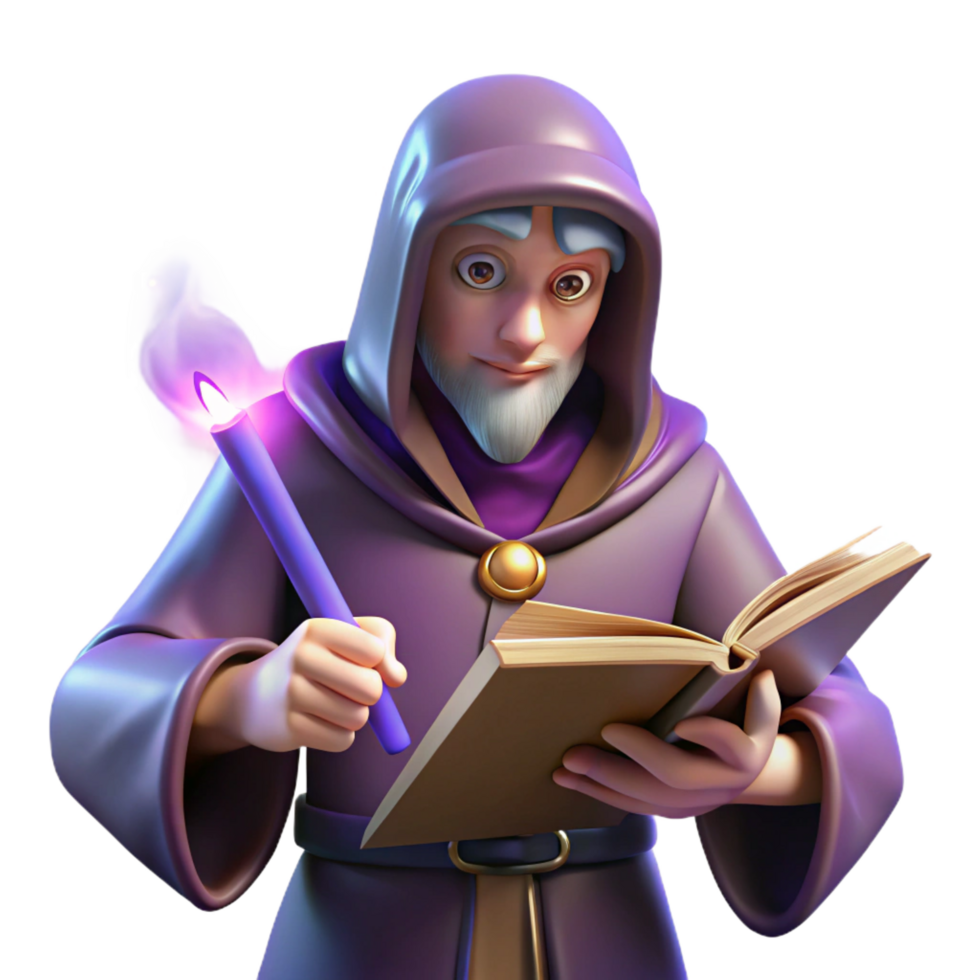 serene abstract wonderful traditional Wizard Reading Book 3D Illustration professional premium png