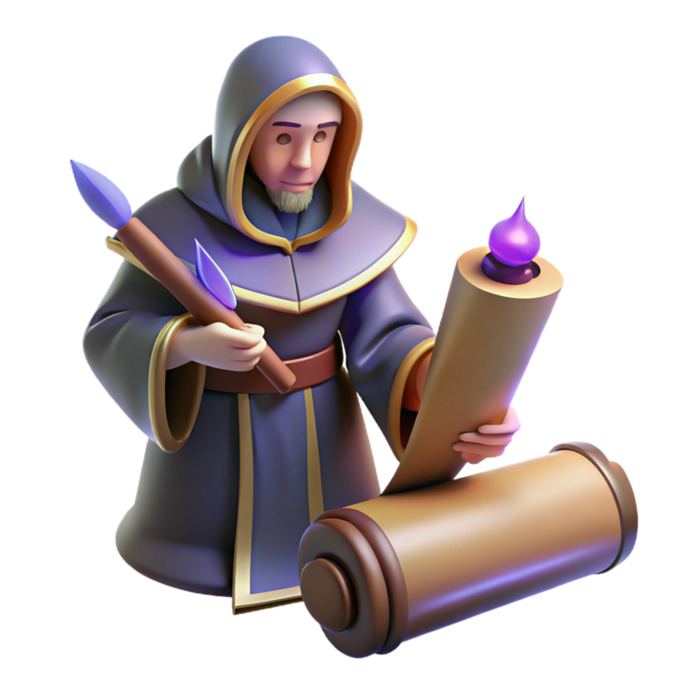 stunning contemporary beautiful rustic Wizard Reading Scroll 3D Render 4K genuine png