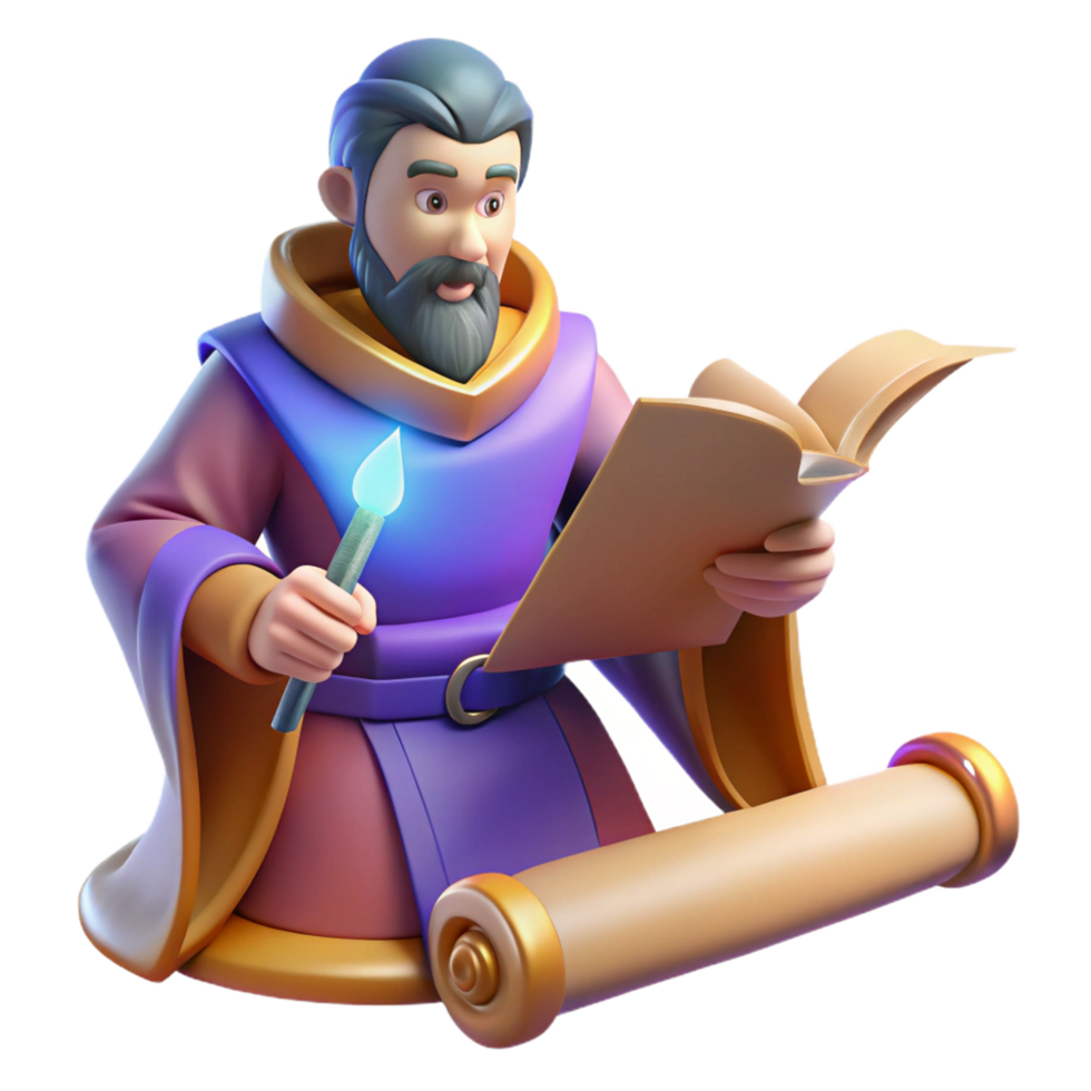 vibrant abstract wonderful contemporary 3D Render Wizard Reading Scroll original authentic png
