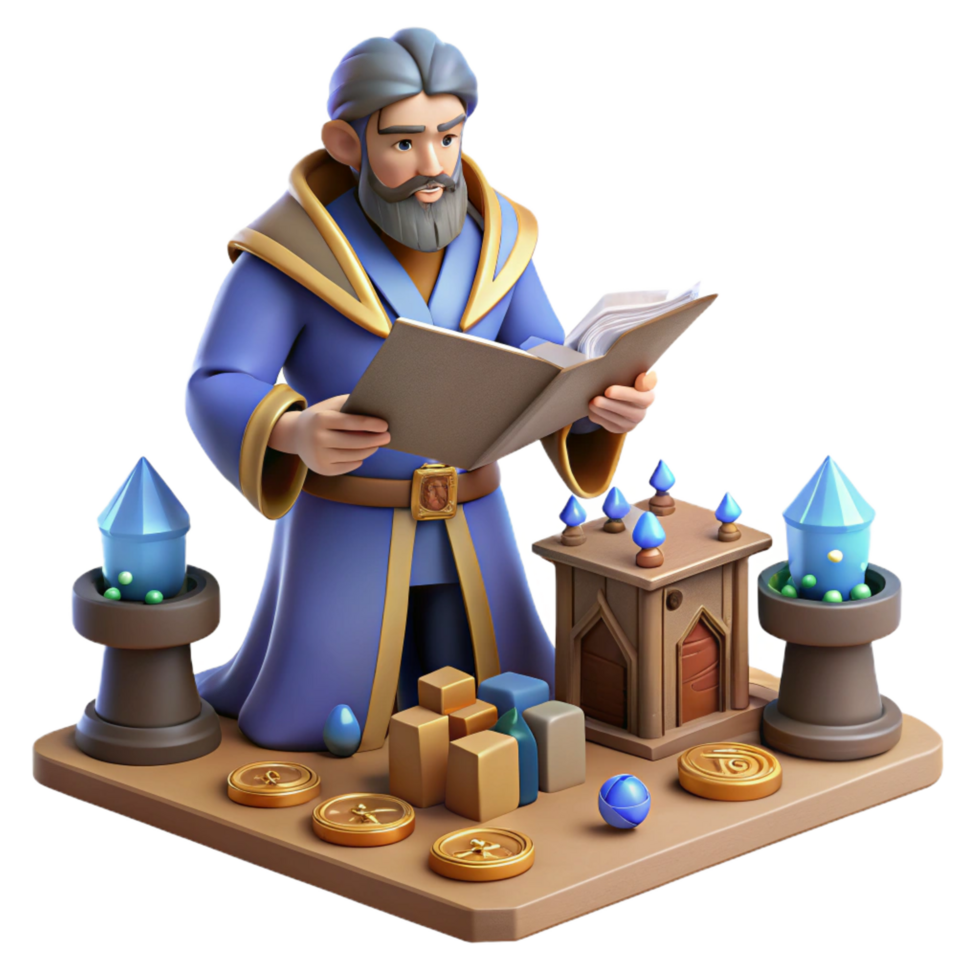 elegant abstract extraordinary modern 3D Illustration Wizard Studying Ancient Book professional original png