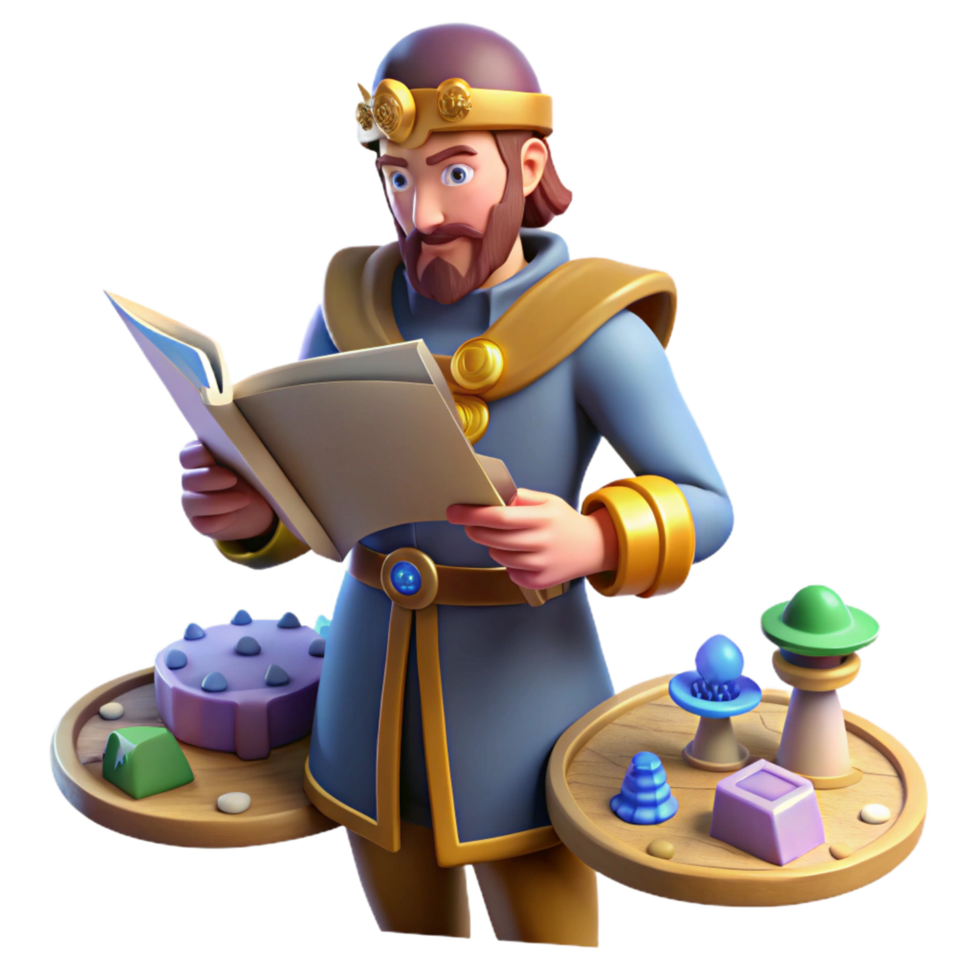 extraordinary abstract dramatic traditional 3D Render King Reading Book with Magical Items authentic 4K png