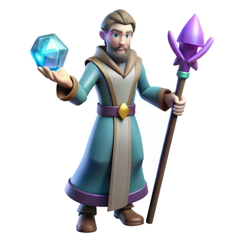 stunning classic magnificent abstract 3D Render Wizard with Staff and Gem original high quality png