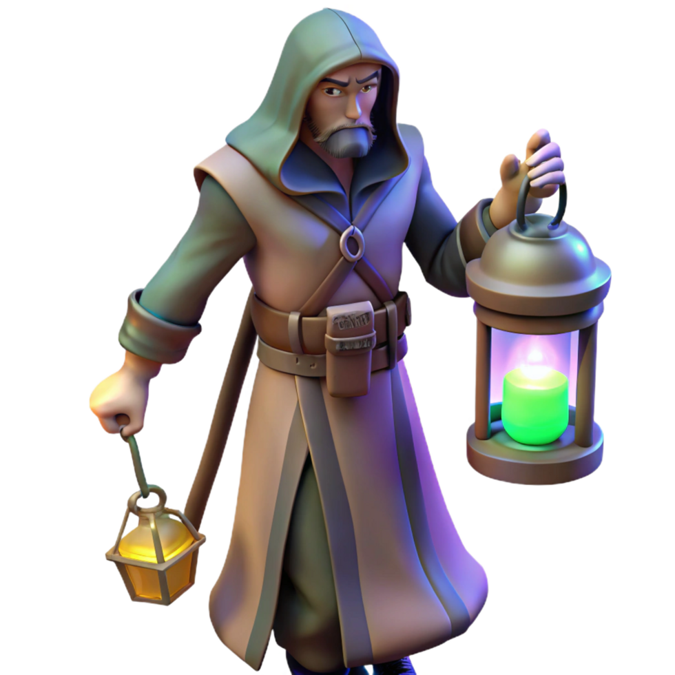 vibrant vintage dramatic minimalist 3D Render Fantasy Wizard with Lanterns high quality detailed png