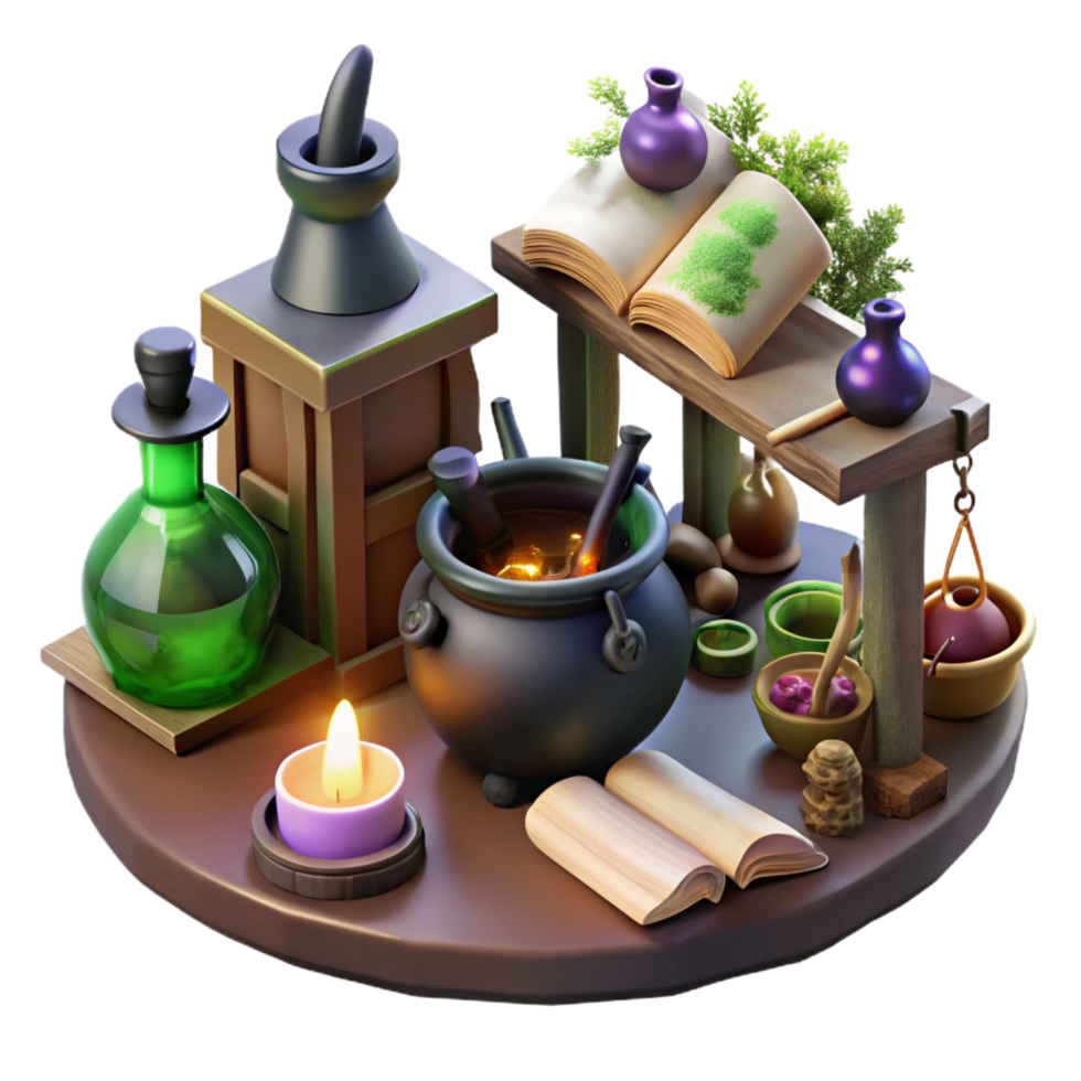 3D Alchemy Illustration Magical Potion Brewing Setup png