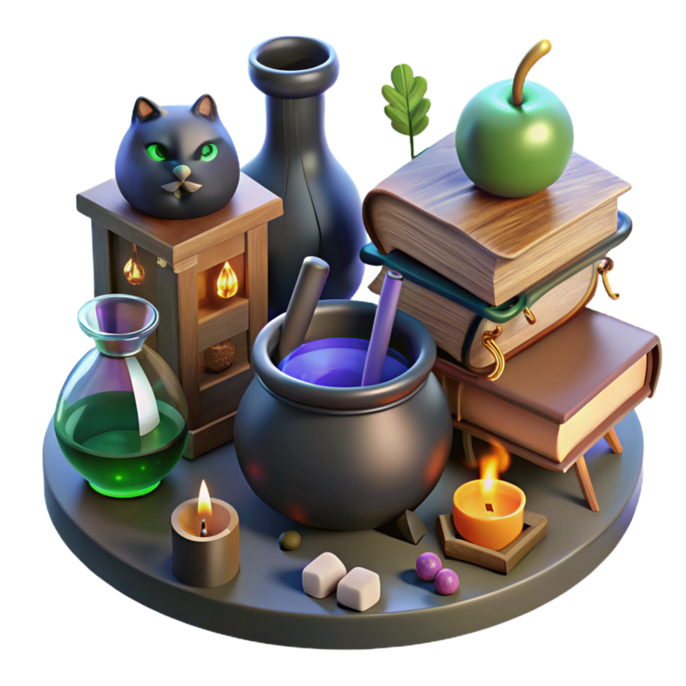 3D Render Witchcraft Scene Mystical Books, Cauldron, and Cat png