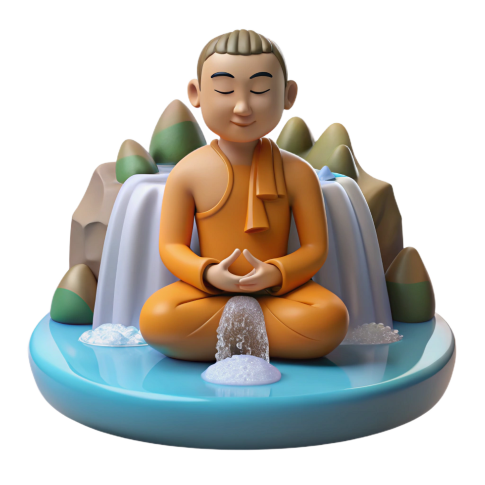 wonderful rustic elegant vintage 3D Monk Meditating by Waterfall Illustration original exclusive png
