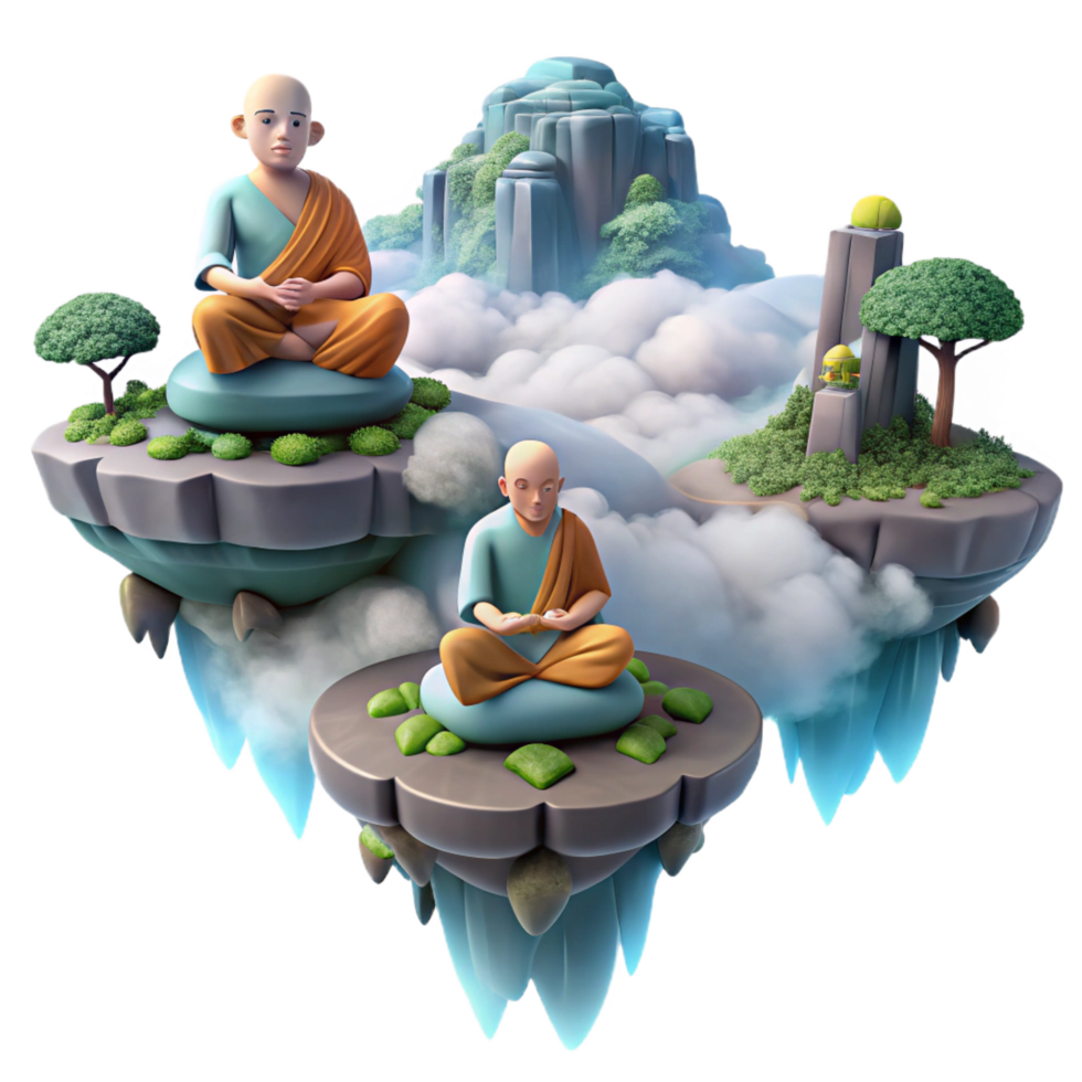 3D Monks Meditating on Floating Islands png
