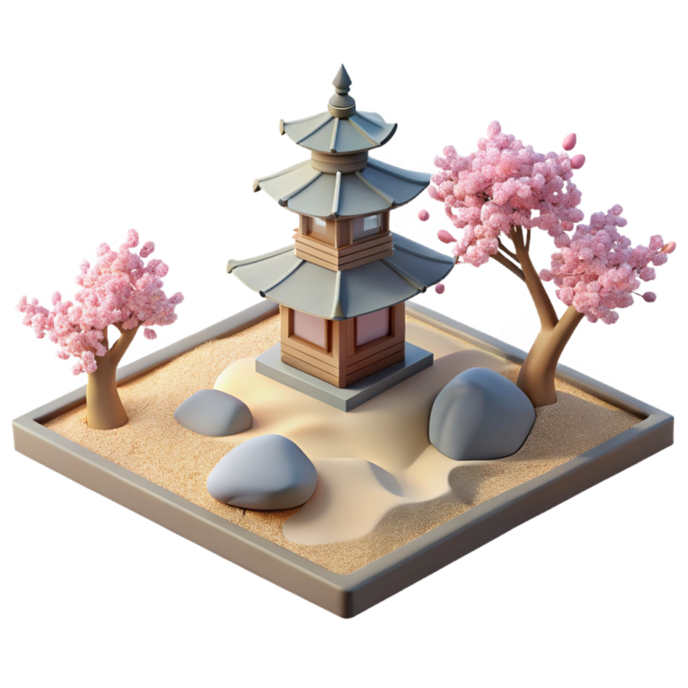 impressive rustic serene minimalist 3D Render Zen Garden Pagoda Illustration genuine professional png