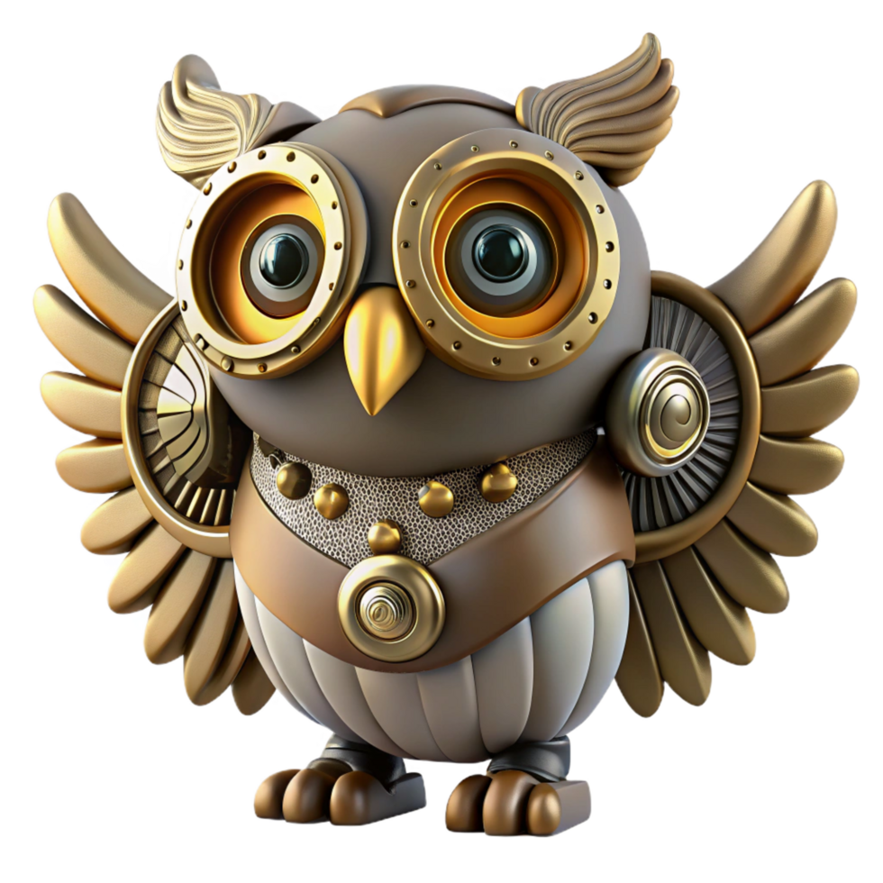 serene rustic magnificent modern Steampunk Owl 3D Render high quality genuine png