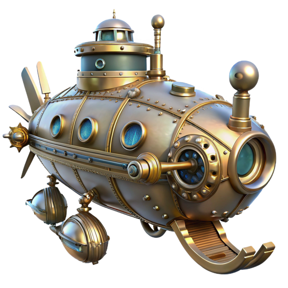 stunning classic vibrant rustic Steampunk Submarine 3D Render high quality high resolution png
