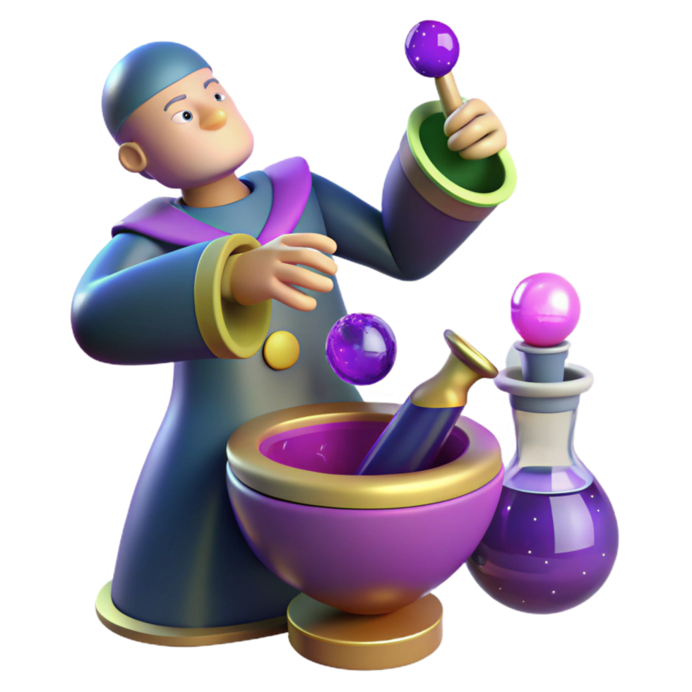 impressive minimalist serene rustic 3D Alchemist Cartoon Illustration high resolution 4K png