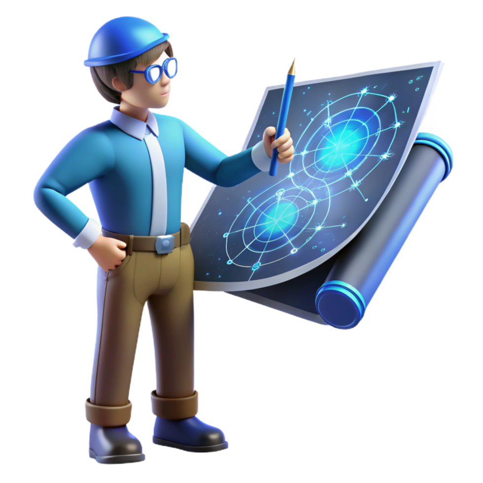 extraordinary traditional impressive traditional 3D Illustration Engineer with Blueprint detailed genuine png