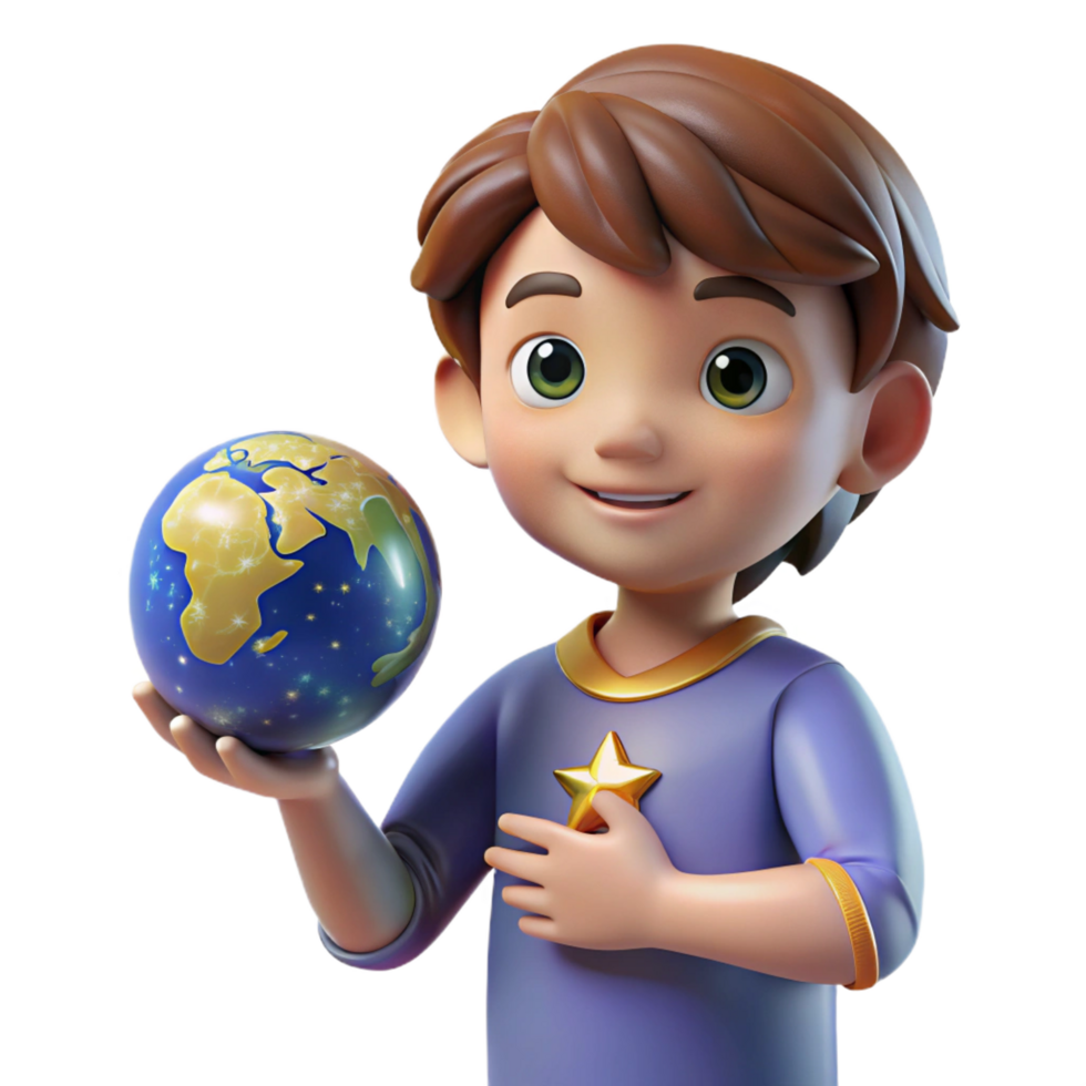 vibrant rustic stunning artistic 3D Cartoon Boy Holding Earth Illustration authentic authentic png
