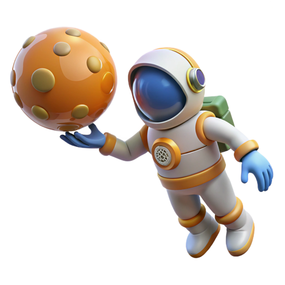 dramatic minimalist serene rustic Cartoon Astronaut Holding Orange Planet 3D Render 4K high quality png