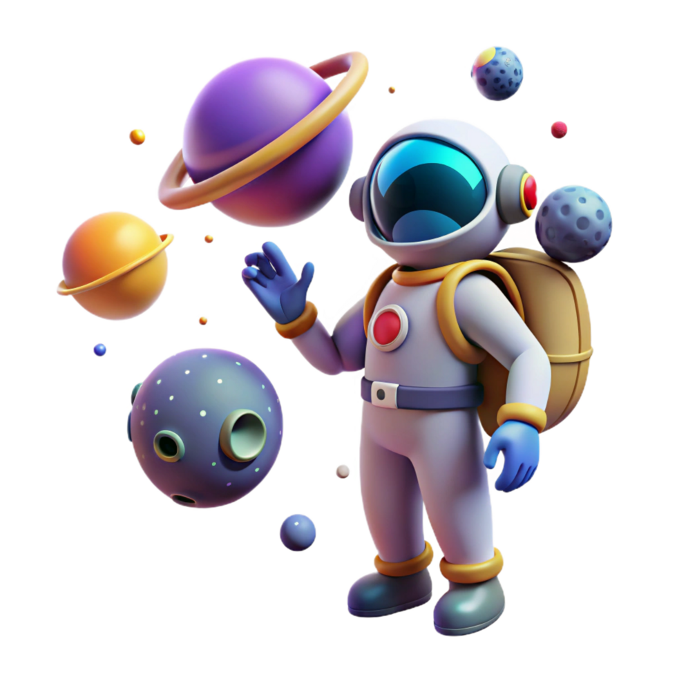 magnificent minimalist vibrant contemporary 3D Astronaut Juggling Planets high quality professional png