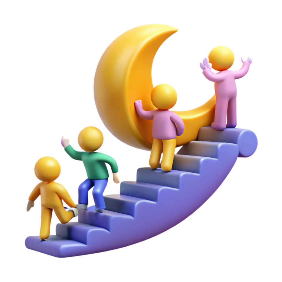 magnificent contemporary magnificent creative 3D Illustration Colorful Characters Climbing Moon Stairs premium high resolution png