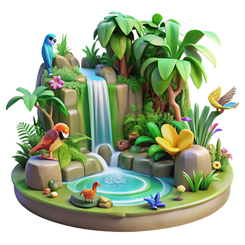 vibrant creative vibrant modern 3D Tropical Waterfall Paradise Illustration exclusive professional png