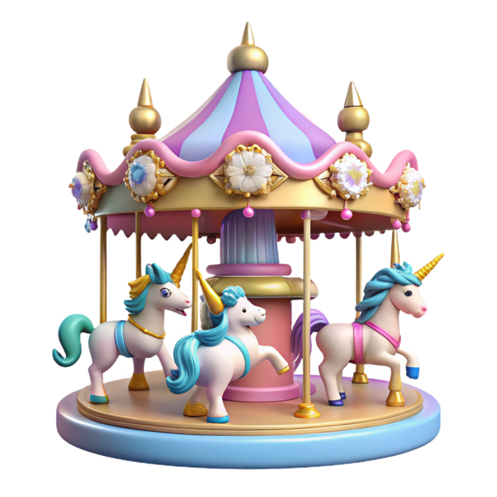 dramatic minimalist extraordinary vintage Whimsical Unicorn Carousel 3D Render 4K exclusive png