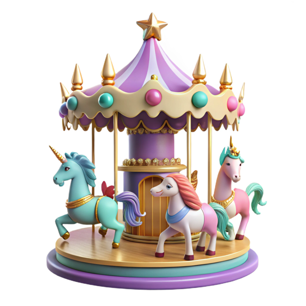 dramatic modern vibrant traditional Whimsical Unicorn Carousel 3D Render high resolution exclusive png