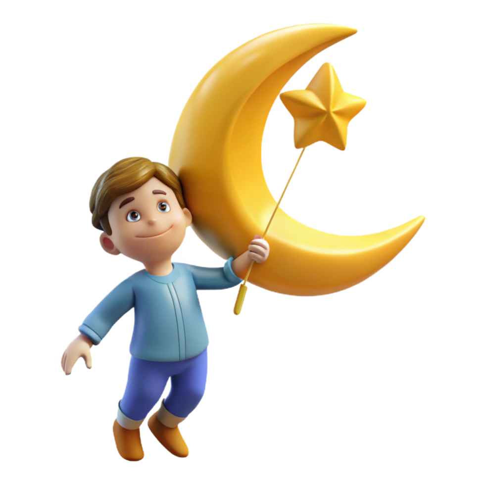 dramatic contemporary dramatic vintage 3D Render Child with Crescent Moon professional high resolution png