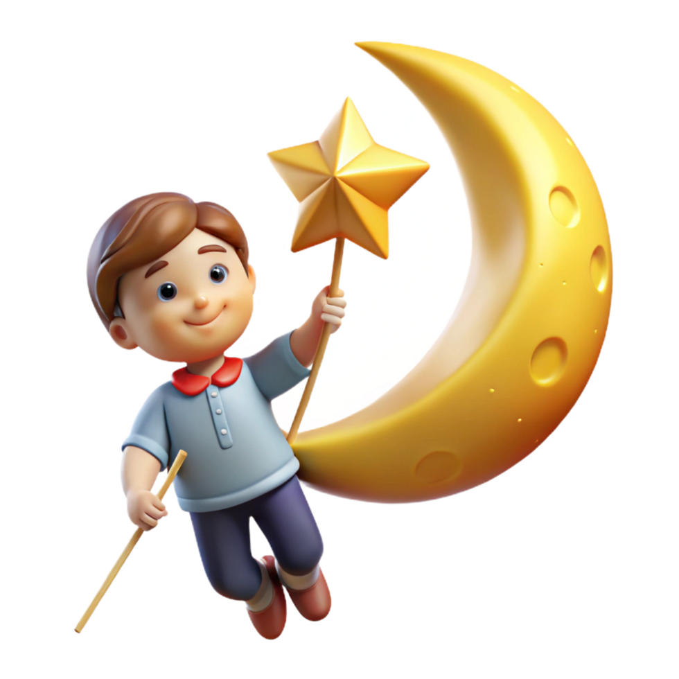 beautiful creative elegant rustic 3D Boy Flying on Crescent Moon Illustration exclusive genuine png
